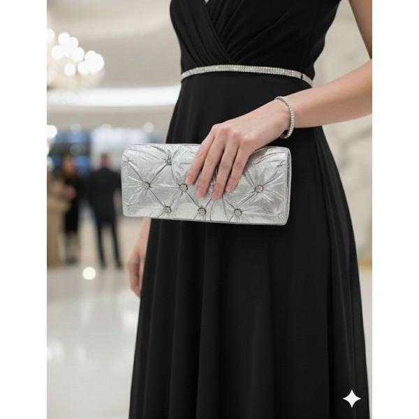 Evening Bag - Satin Embellished w/ Flower Rhinestones - Silver - BG-38044SV